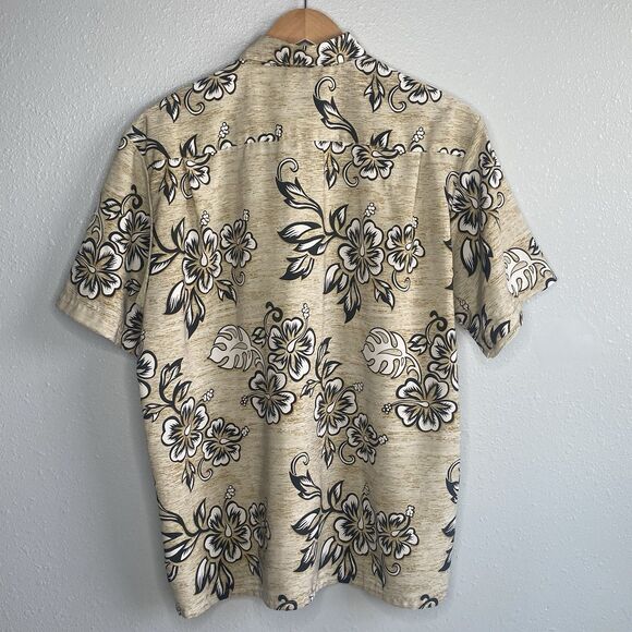 Massini Mens Large Floral Button Up Shirt Short Sleeve Hawaiian Tan Cream - Picture 6 of 7